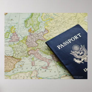 Close-up of passport lying on European map Poster