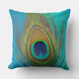 Close up of peacock feather throw pillow