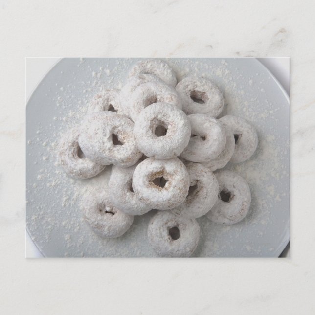 Close-up of powdered doughnuts in a plate postcard (Front)