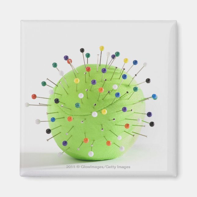Close-up of straight pins inserted into a ball magnet (Front)