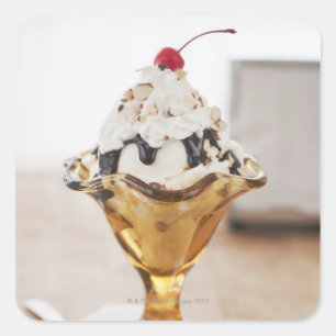 Close up of sundae with cherry on top square sticker
