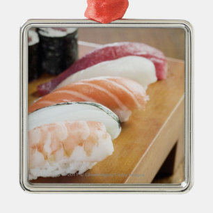 Close-up of sushi on a table metal ornament