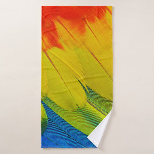 CLOSE UP OF THE AMAZINGLY COLORFUL FEATHERS OF A S BATH TOWEL