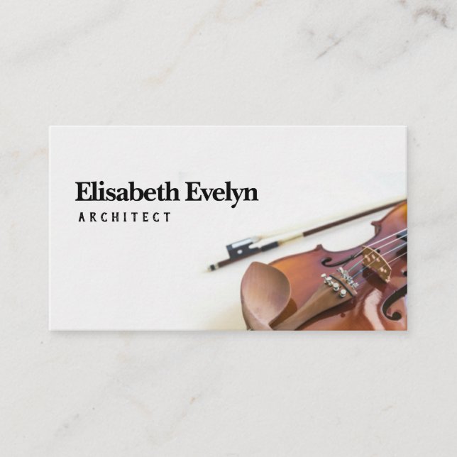 Close-up of violin string with bow on white business card (Front)