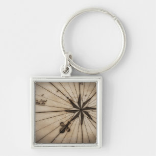 Close up of wind rose on antique map keychain