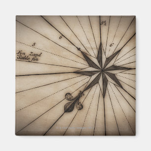 Close up of wind rose on antique map magnet
