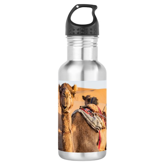 Close-up on funny camel in Oman Wahiba desert 532 Ml Water Bottle (Front)