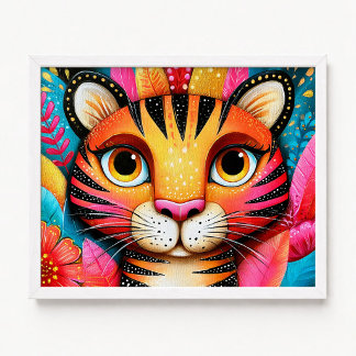 Close Up Pink Floral Orange Tiger Painting Poster