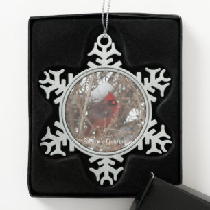 Close-up Red Male Cardinal on Snowy Branches Snowflake Pewter Christmas Ornament