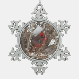 Close-up Red Male Cardinal on Snowy Branches Snowflake Pewter Christmas Ornament