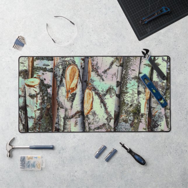 Close-up scene of birch log stumps, rustic charm desk mat (Workstation)