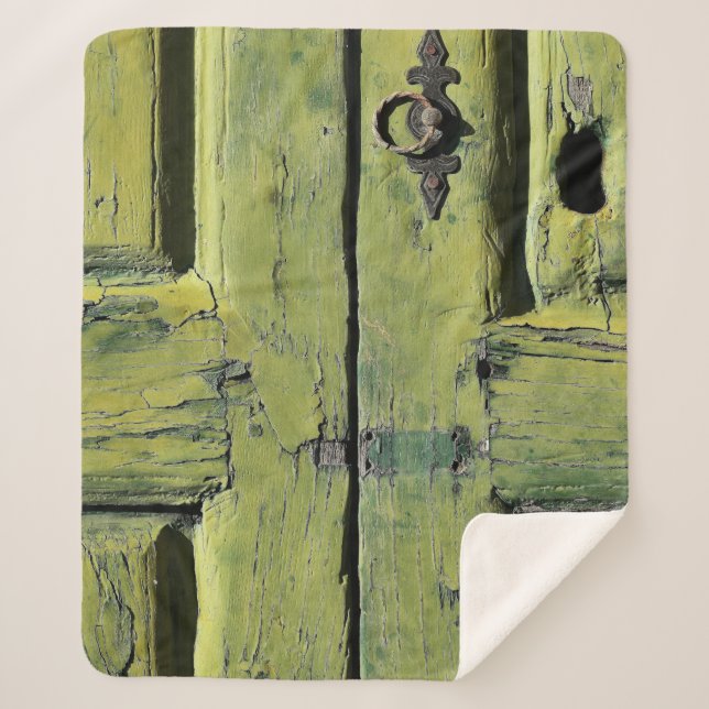 Closed brown wooden 2-panel door sherpa blanket (Front)