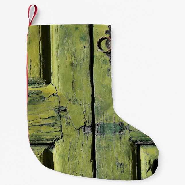 Closed brown wooden 2-panel door small christmas stocking (Front)