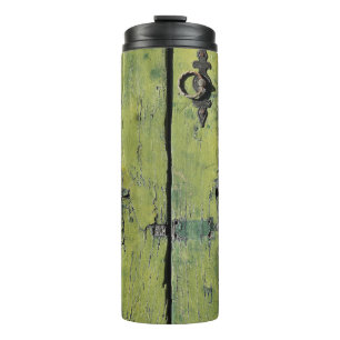 Closed brown wooden 2-panel door thermal tumbler