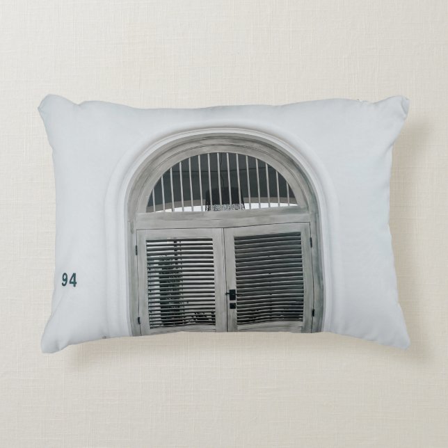 CLOSED GREY WOODEN DOOR BELOW BLACK LIGHT SCONCE ACCENT PILLOW (Front)