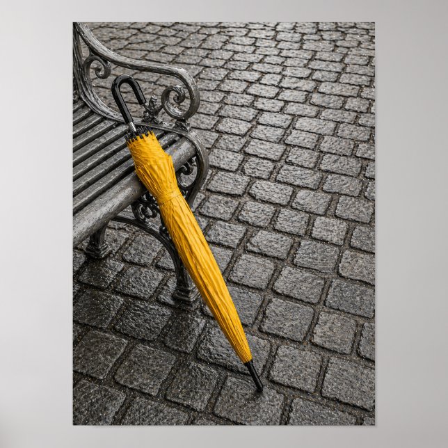 Closed Yellow Umbrella Beside Park Bench Poster (Front)