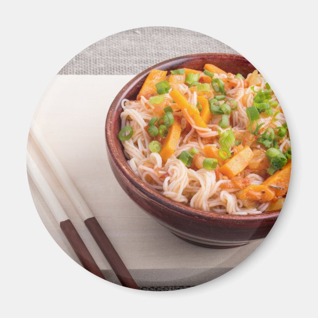 Closeup Asian dish of rice noodles and vegetable Magnet (Front)