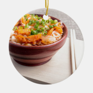 Closeup Asian food of rice noodles and vegetables Ceramic Ornament