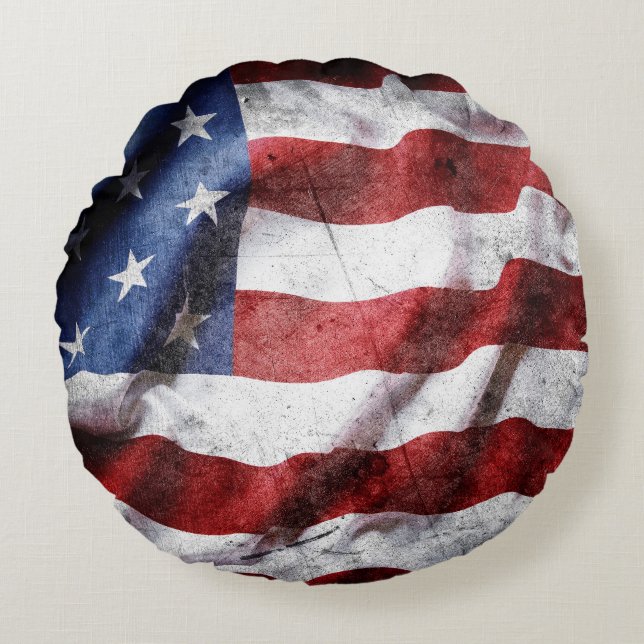 Closeup grunge American flag. Round Pillow (Front)