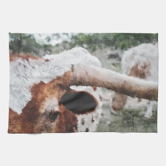 Closeup Impressionist Painted Longhorn Kitchen Towel (Horizontal)