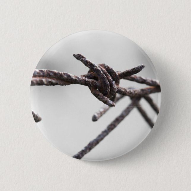 Closeup of barbed wire 2 inch round button (Front)