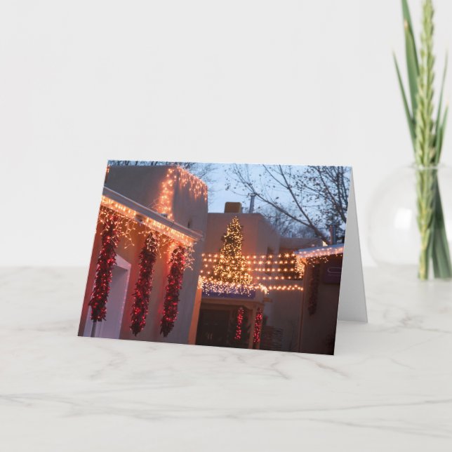 Closeup of holiday lights on building card (Front)