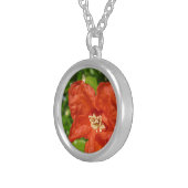 Closeup of red pomegranate flower silver plated necklace (Front Right)
