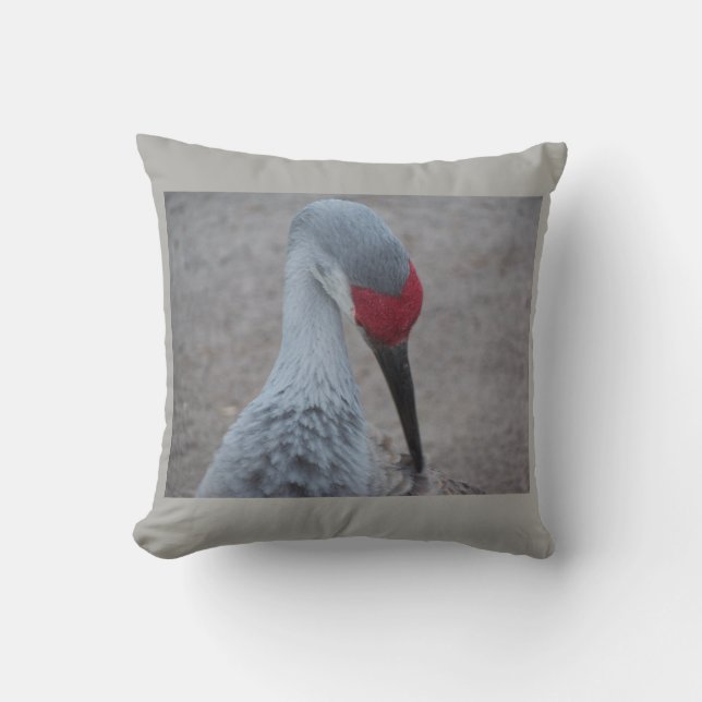 Closeup of the face of a Sand Hill Crane Throw Pillow (Front)