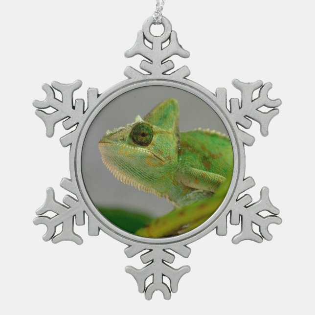 Closeup of veiled chameleon among plants postcard snowflake pewter christmas ornament (Front)