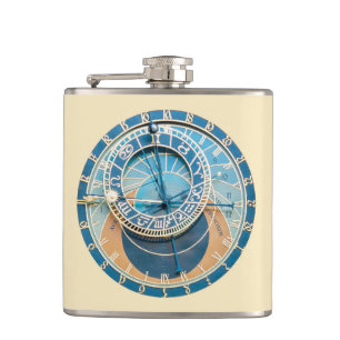 Closeup on Prague Astronomical Clock, Czech R. Hip Flask
