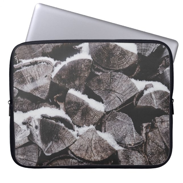 Closeup photo of firewood stack laptop sleeve (Front)