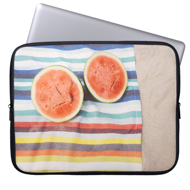 Closeup photo of slice watermelon fruits on cloth laptop sleeve (Front)