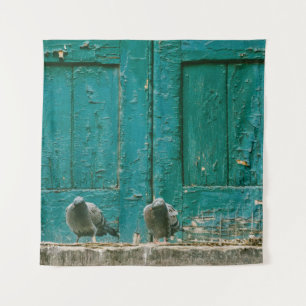 CLOSEUP PHOTO OF TWO GRAY PIGEONS ON GRAY CONCRETE TAPESTRY