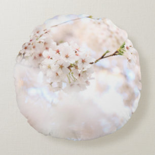 CLOSEUP PHOTOGRAPHY WHITE CHERRY BLOSSOMS ROUND PILLOW