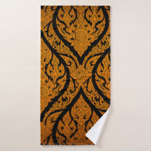 Closeup Thai pattern carving lotus picture at door Bath Towel