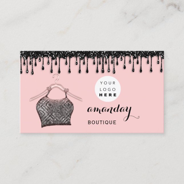 Cloth Hanger Dress Fashion Shop Pink Drip QR Logo Business Card (Front)