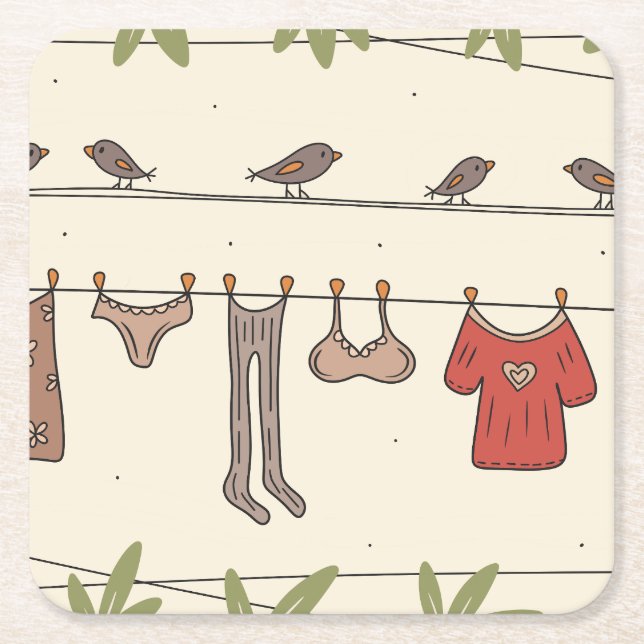 Clothes in the yard square paper coaster (Front)