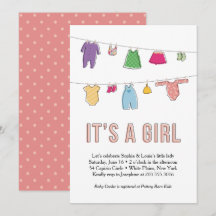 Clothes Line Baby Shower Invitation, Girl