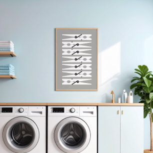 Clothes Pins Black White and Grey Laundry Room Art Poster