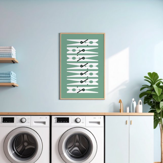 Clothes Pins Black White Green Laundry Room Art Poster (millennial green and white modern graphic clothes pins art for a fun laundry room)