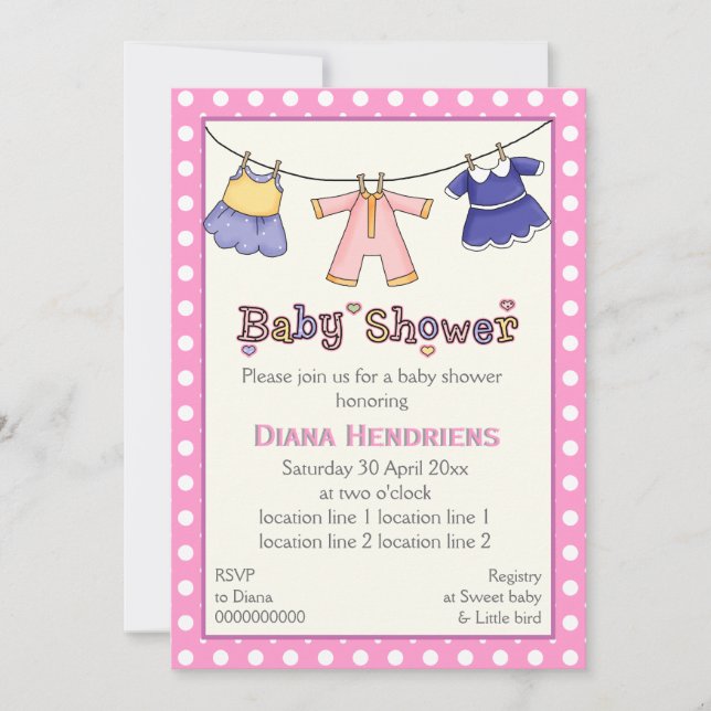 Clothesline baby girl shower personalized invitation (Front)