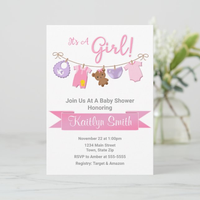 Clothesline Baby Shower Invitation Baby Girl (Standing Front)