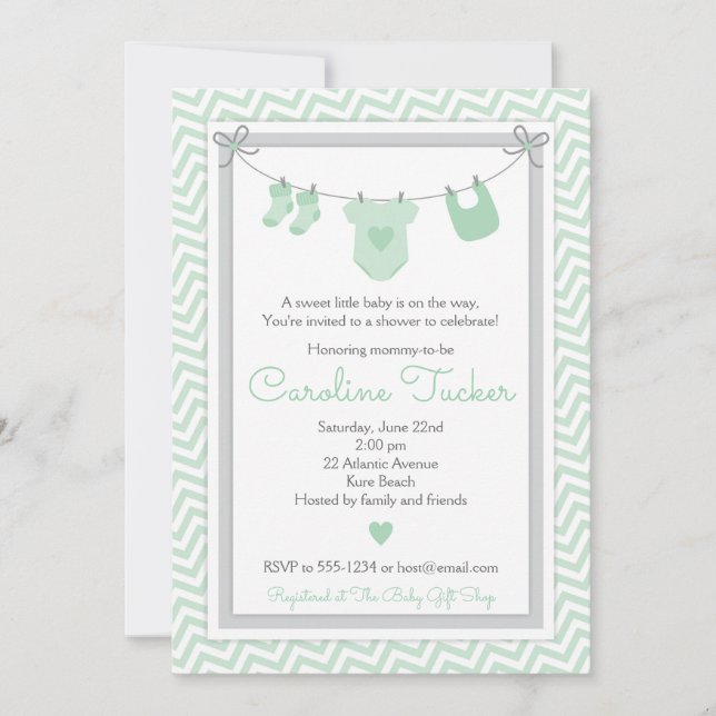 Clothesline Baby Shower Invitation green and grey (Front)