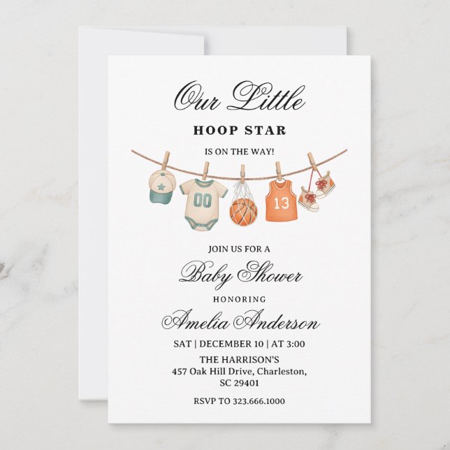 Clothesline Basketball baby shower invitation  (Devant)