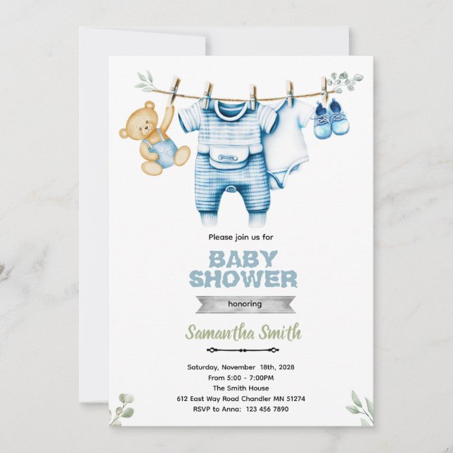 Clothesline boy baby shower invitation (Front)