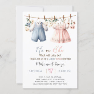 Clothesline gender reveal invitation, flowers. invitation
