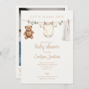 Clothesline Neutral Baby Shower Photo QR Code Invitation