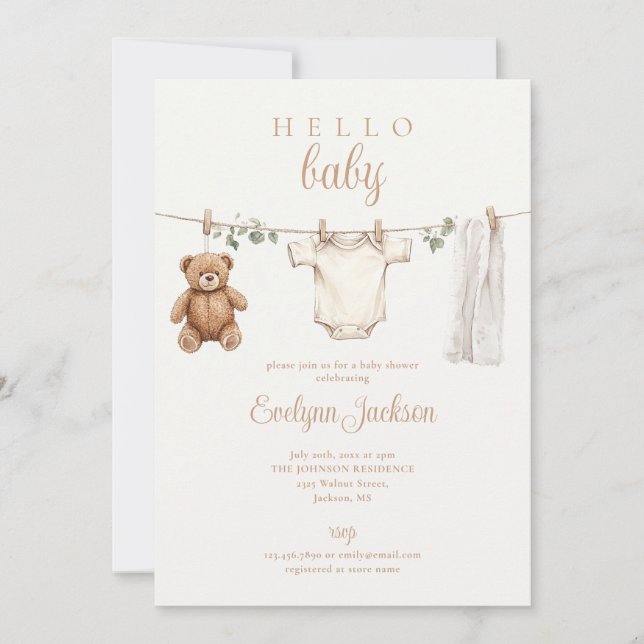 Clothesline Neutral Baby Shower Photo QR Code Invitation (Front)