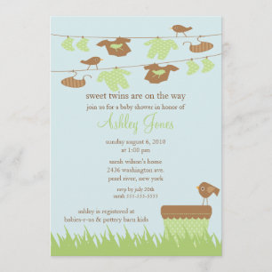 Clothesline Twins Gender Neutral Baby Shower Invitation