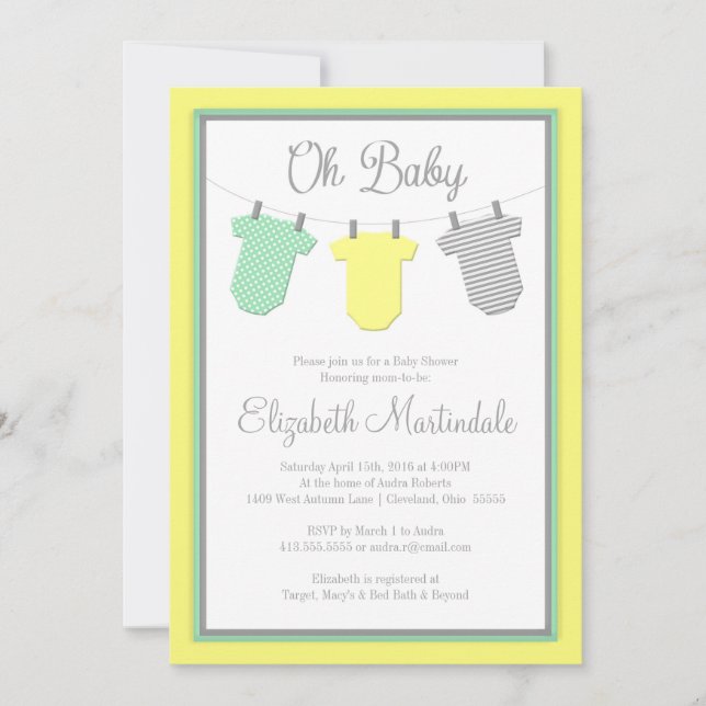 Clothesline Yellow & Aqua Baby Shower Invitation (Front)